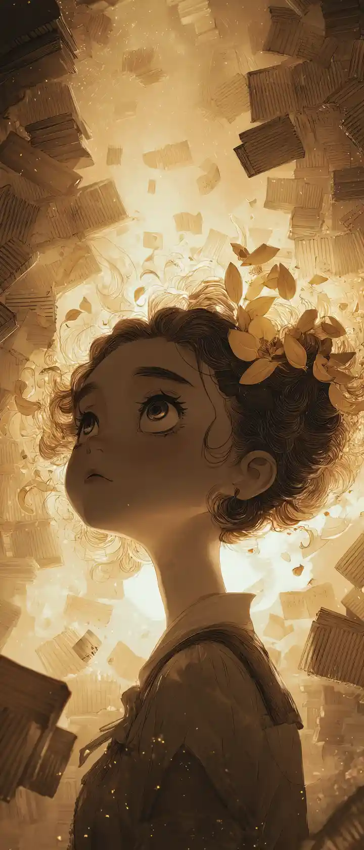 Anime girl surrounded by floating ancient books and pages