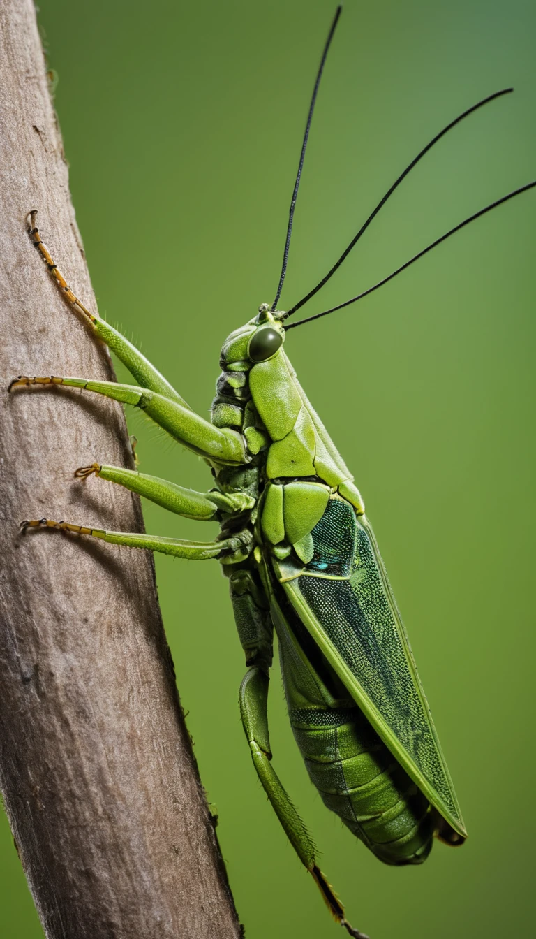 Green grasshopper clinging upside down to human skin