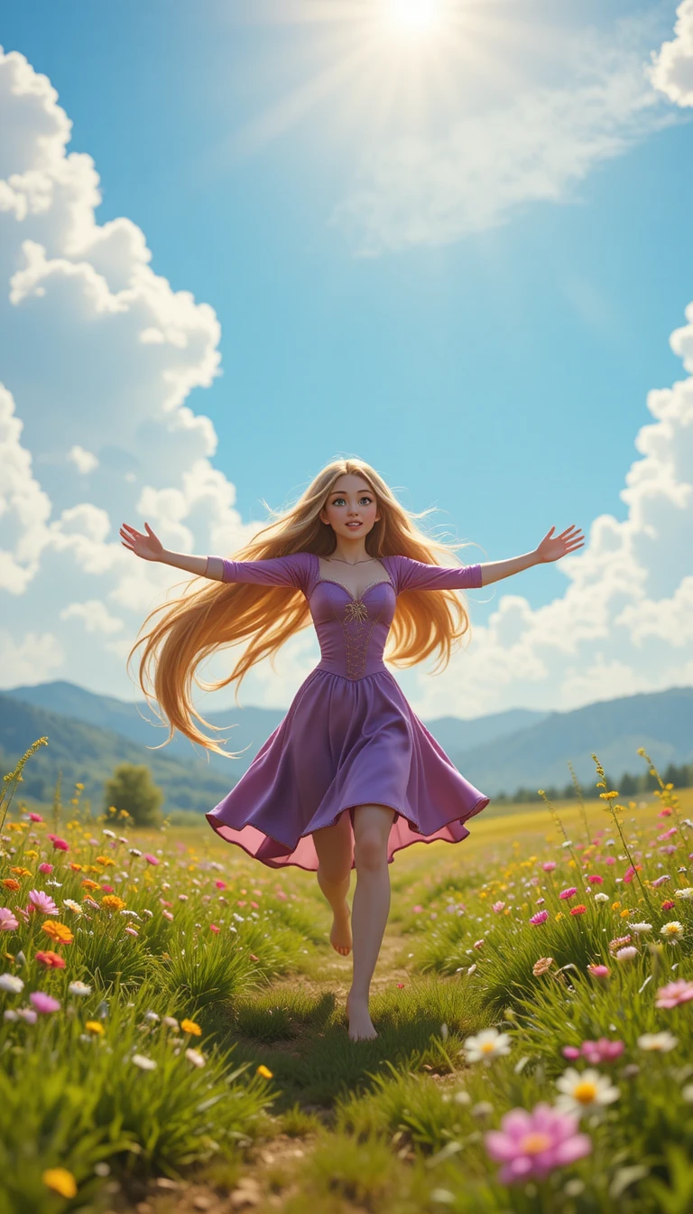 Girl Running Barefoot Through A Sunlit Open Meadow