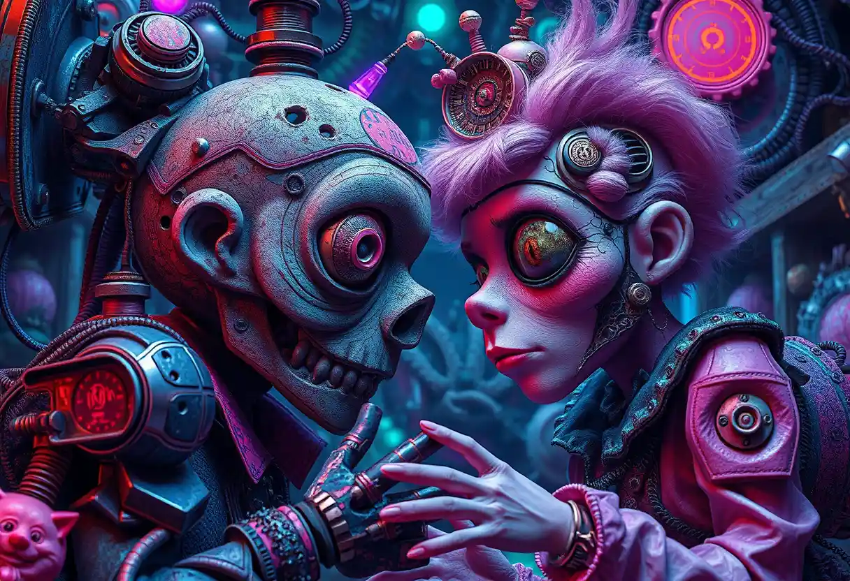 Surreal vintage machine in a whimsical neon fantasy scene