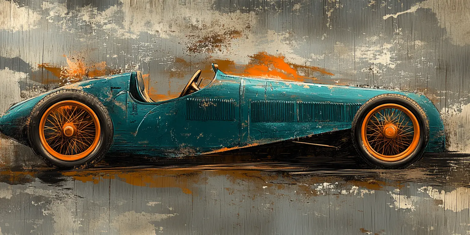 Vintage teal and orange racing car illustration with texture