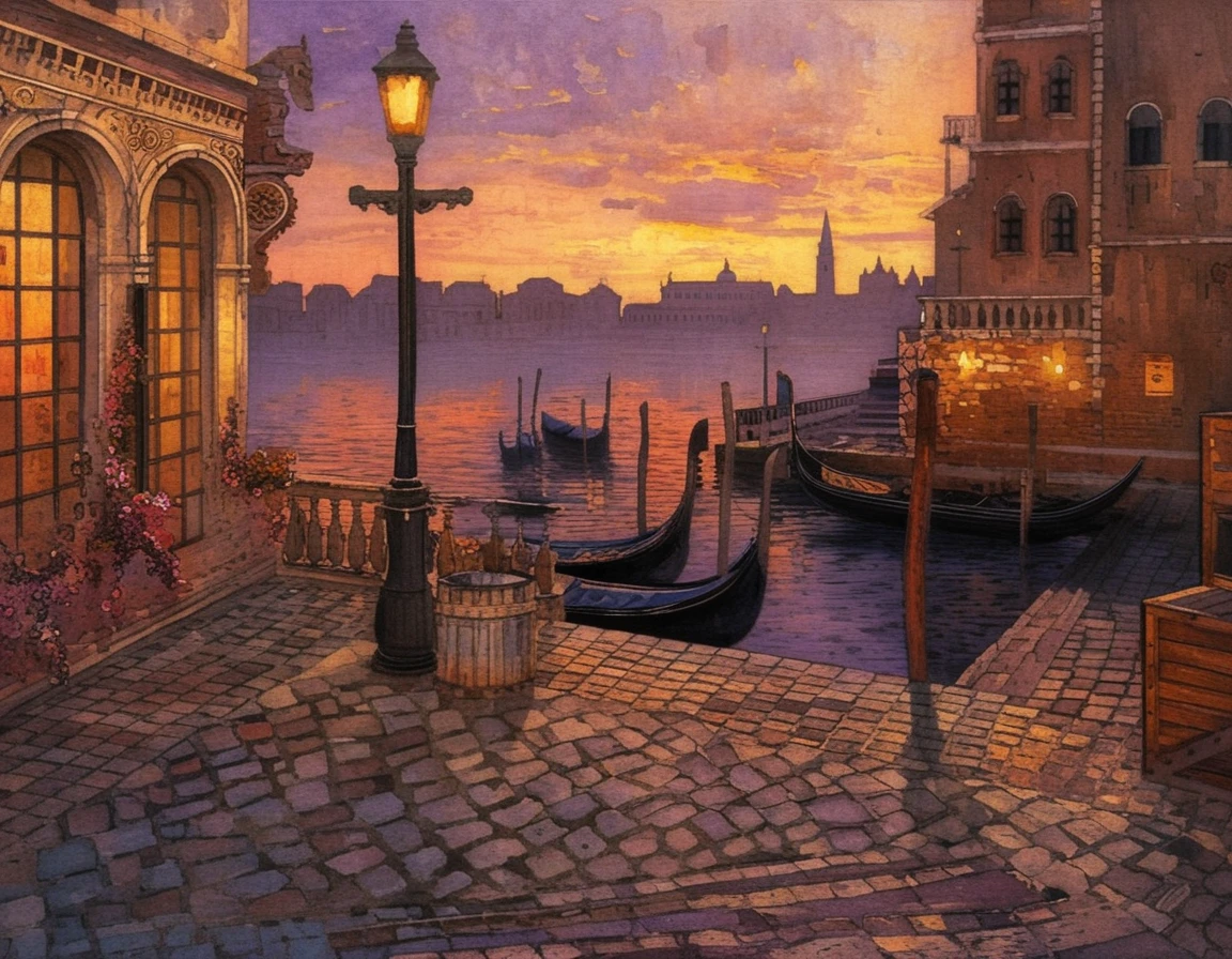 Canale veneziano al crepuscolo con gondole e lampione luminoso