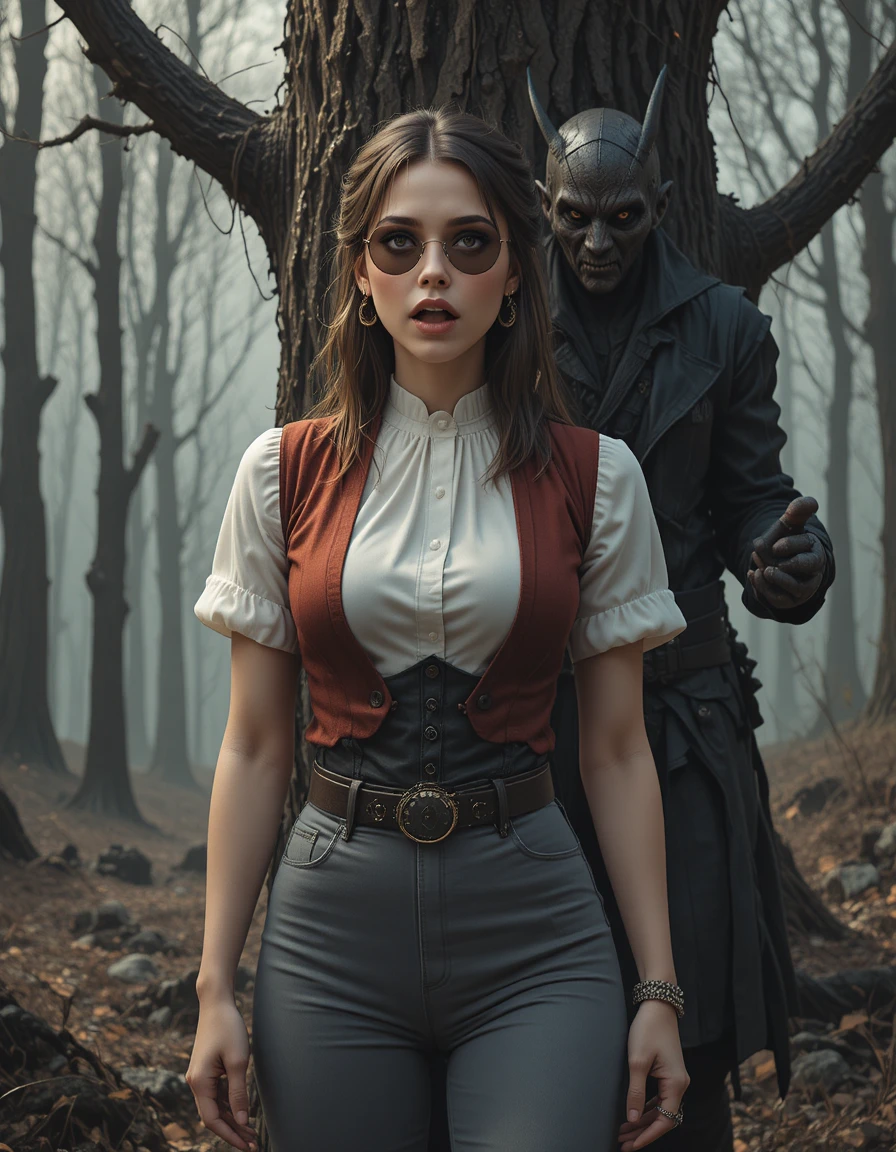 Terrified woman in glasses stalked by demon in forest
