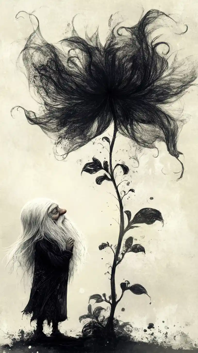 Elderly gnome beside surreal ink like fantasy flower