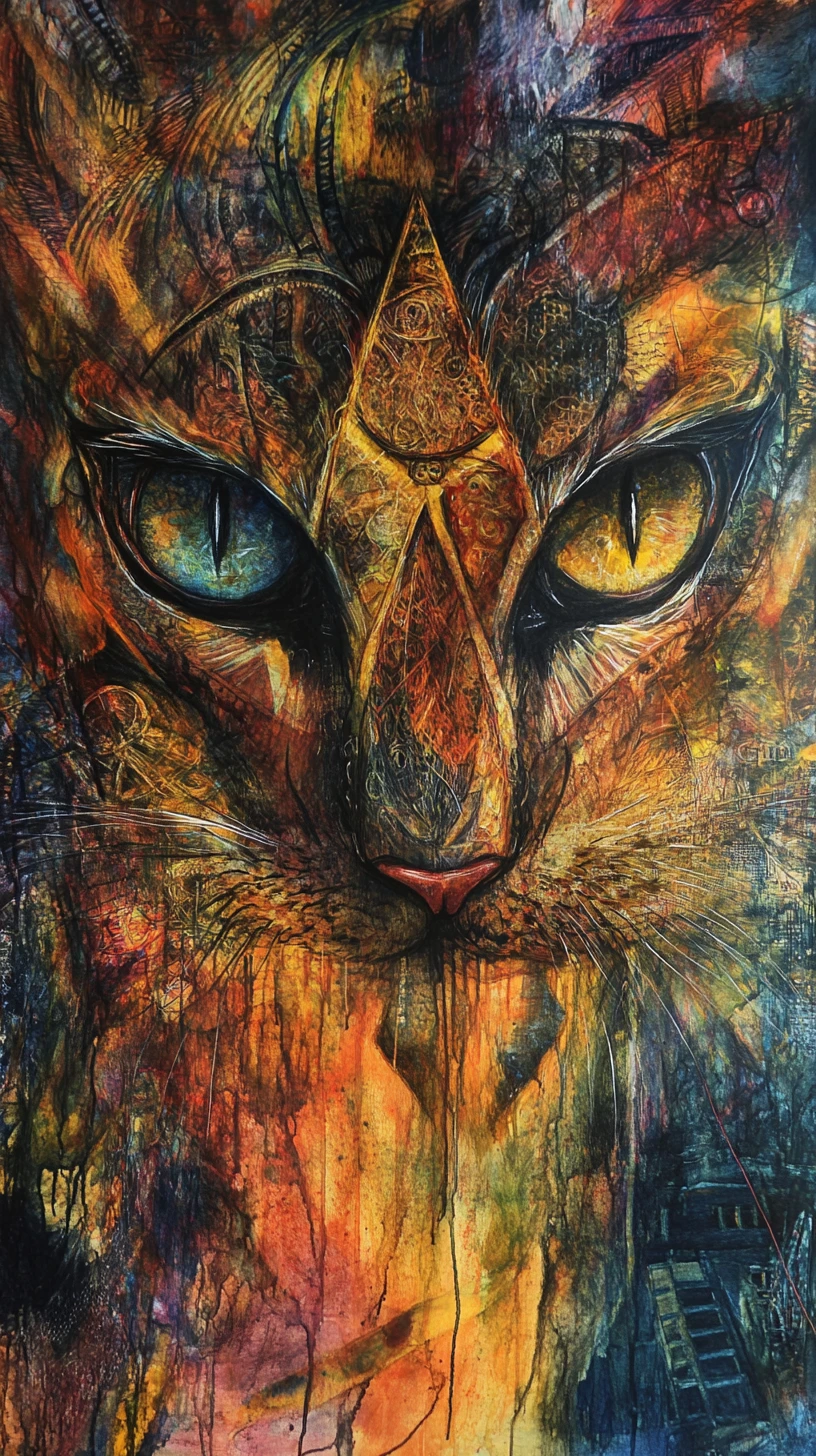 Ojos de tigre abstractos en audaz ilusión pintada y colorida
