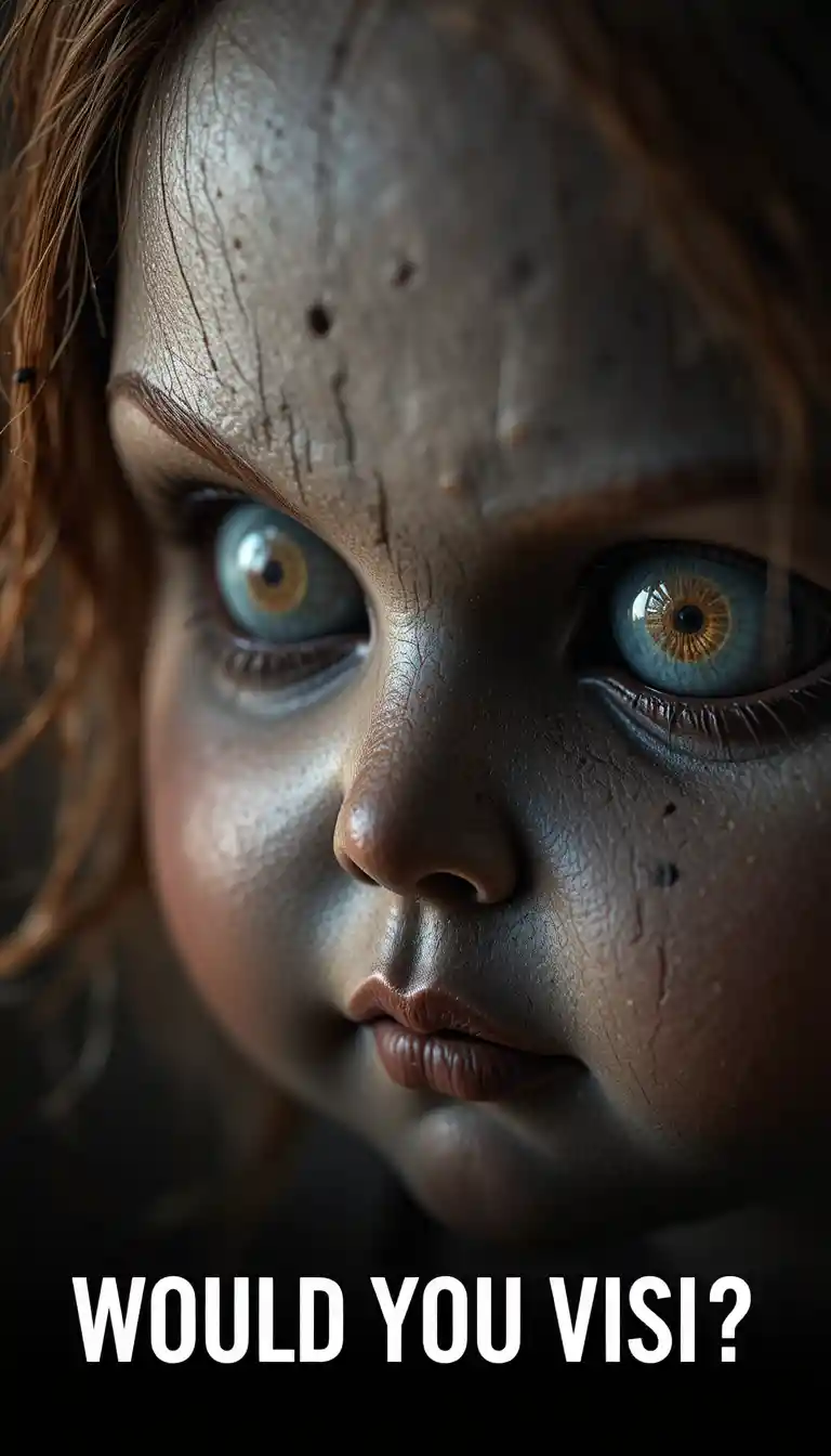 Close up of a weathered doll with sinister glass eyes