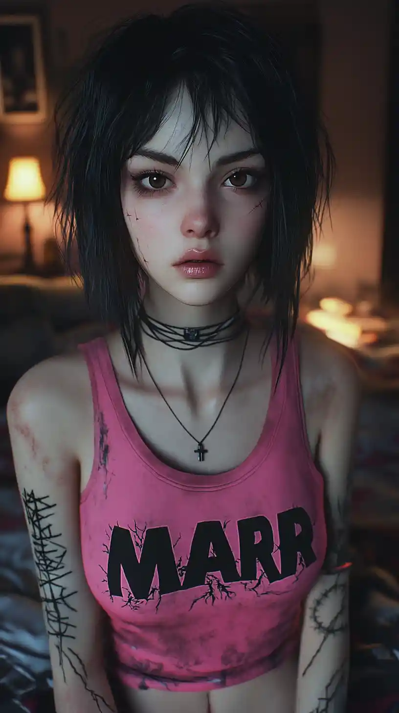 Gothic girl portrait in a dim bedroom interior