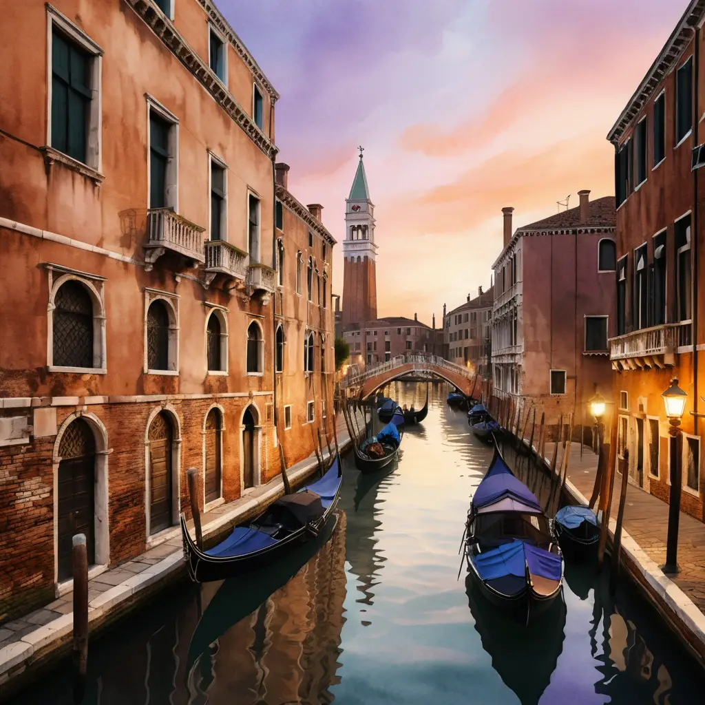 Venezianischer Kanal in der Dämmerung mit Gondeln und leuchtender Laterne