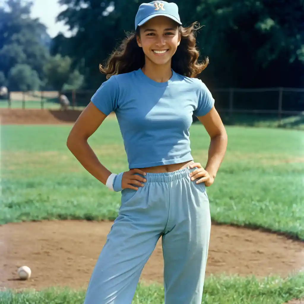 Tall smiling woman in baby blue t shirt outdoors