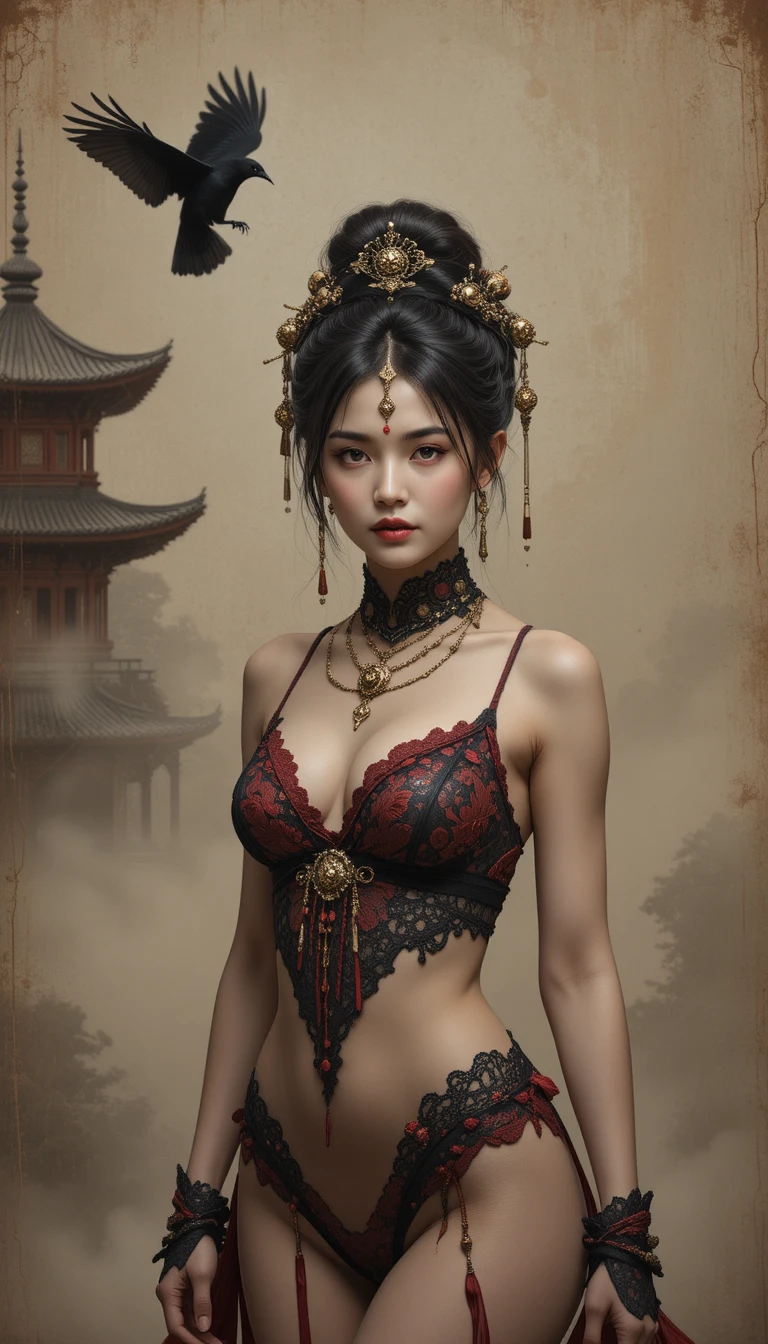 Portrait fantastique élégant d’une femme asiatique en lingerie de dentelle