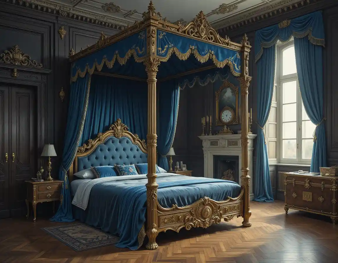 Lujosa cama con dosel antigua en elegante dormitorio de madera