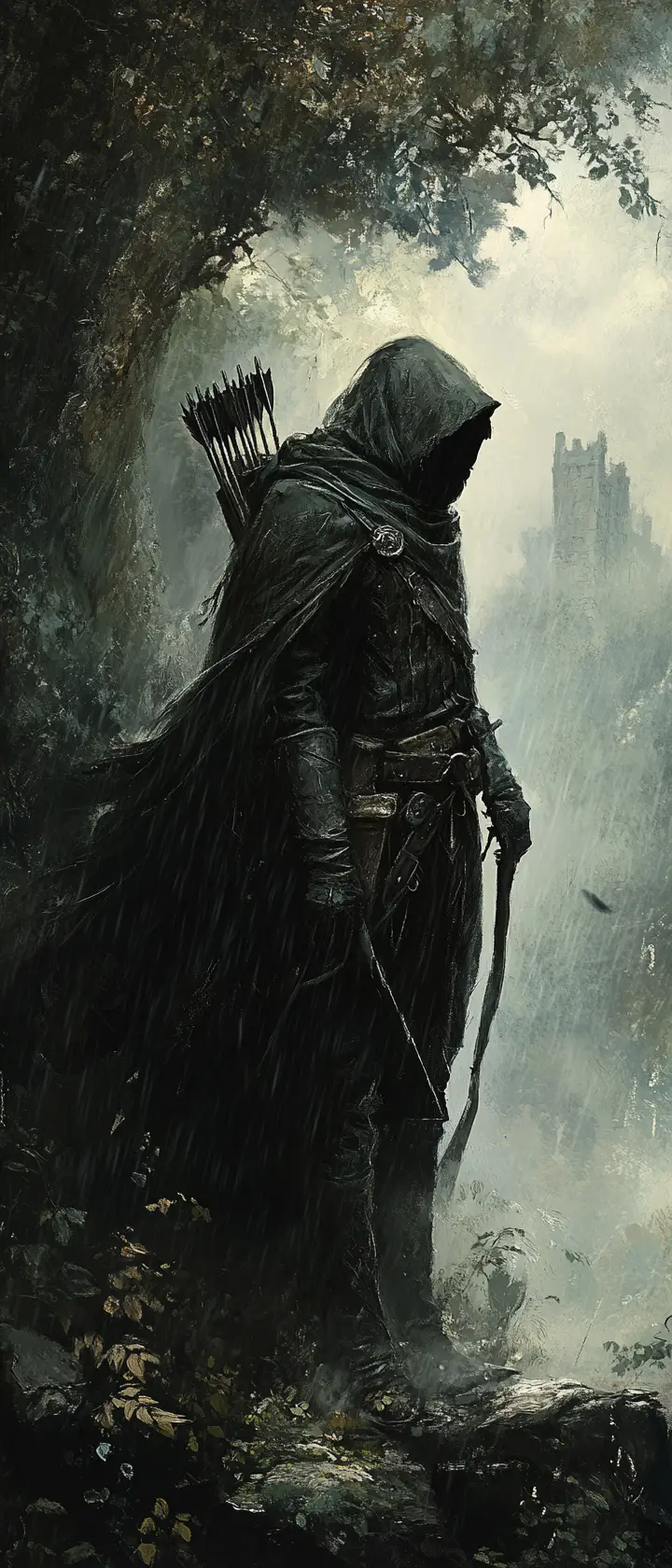 Lone archer at the edge of a dark ancient forest