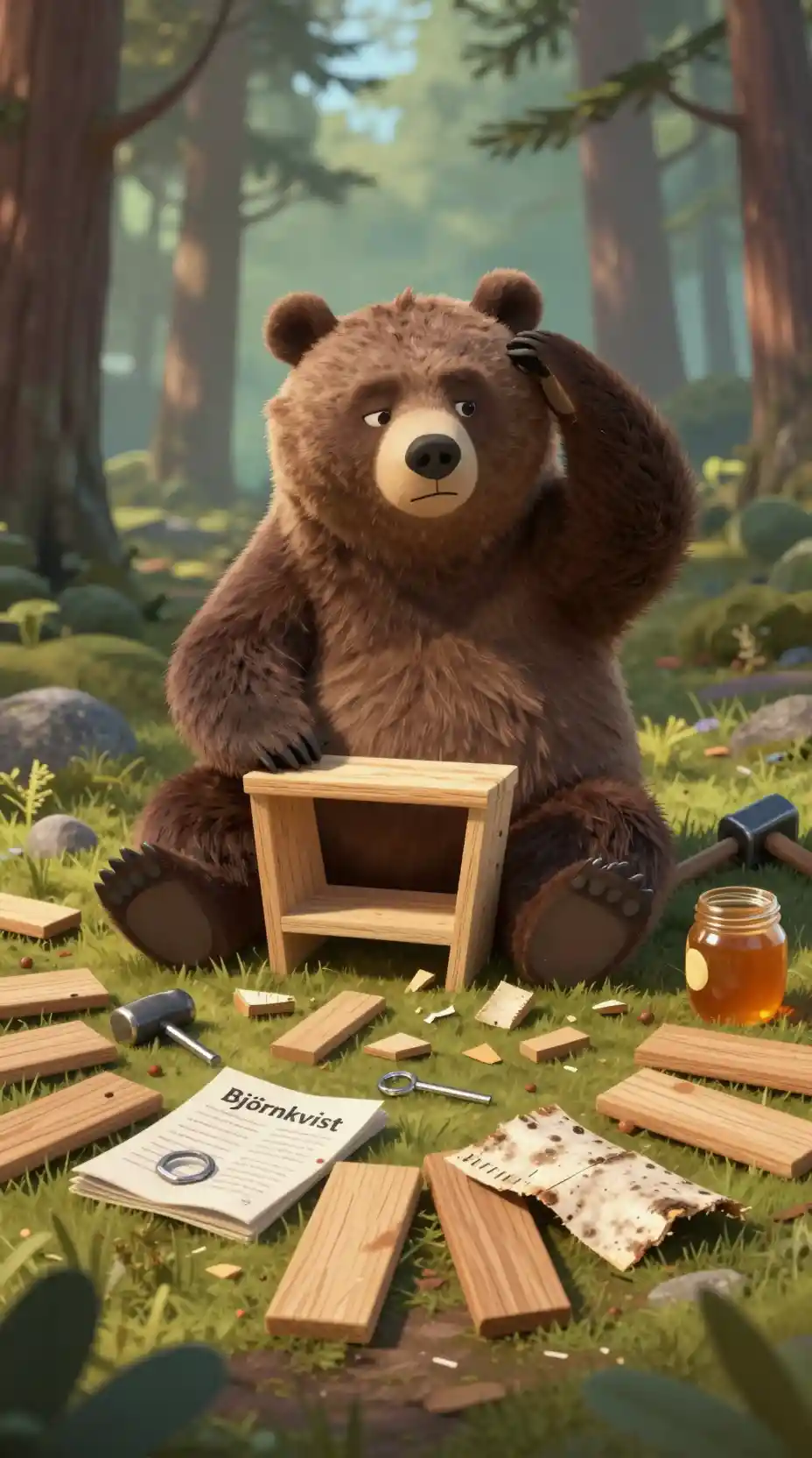 Orso frustrato che monta una libreria in una foresta silenziosa