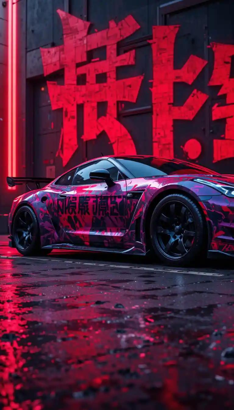 Red and purple custom sports car in dramatic urban light