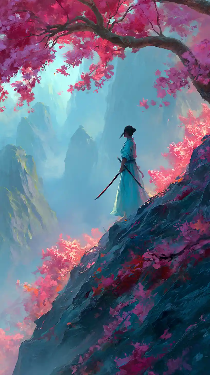 Guerrière avec katana sur une falaise de montagne couverte de fleurs