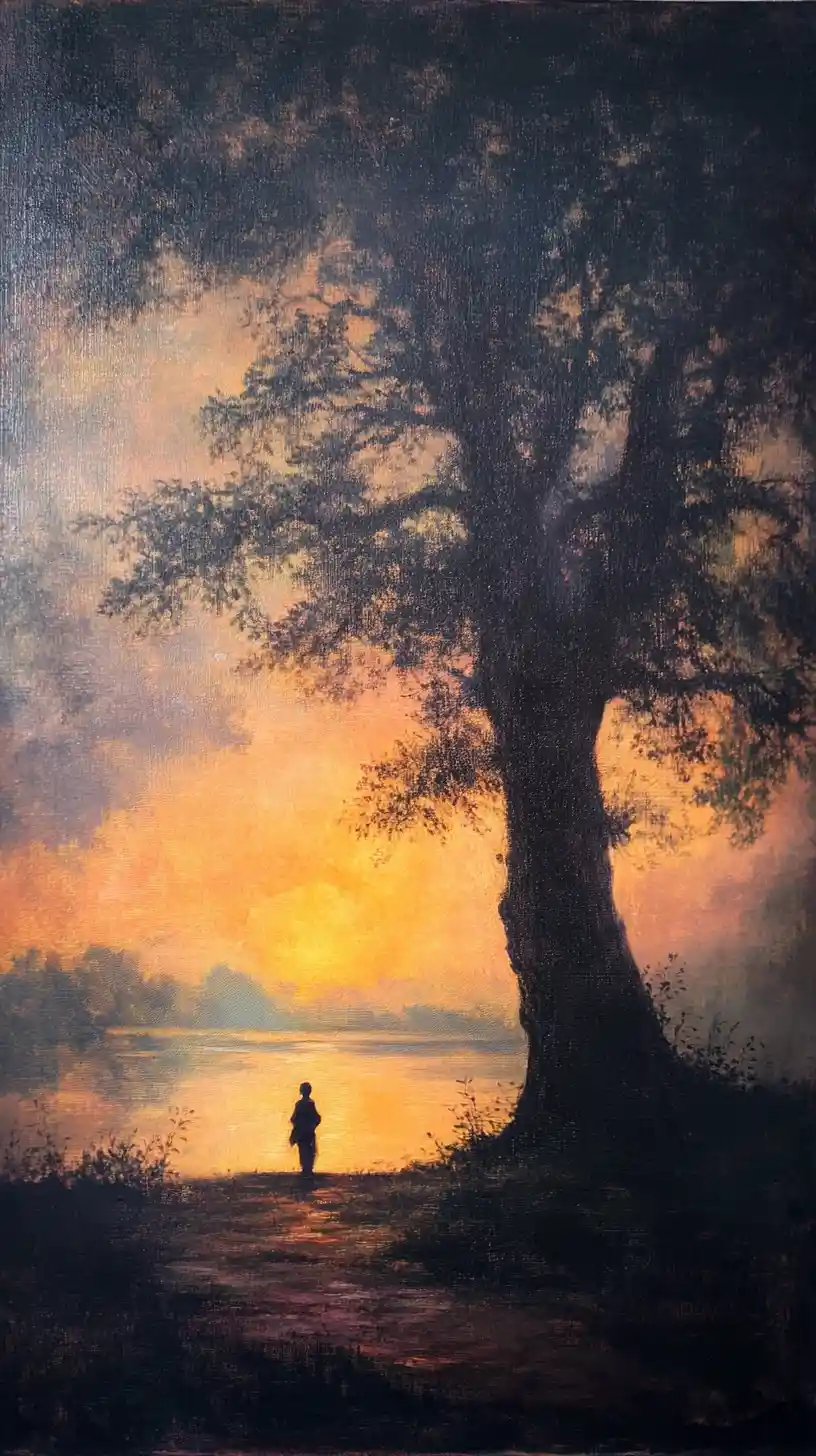 Figura solitaria bajo un gran árbol al atardecer resplandeciente