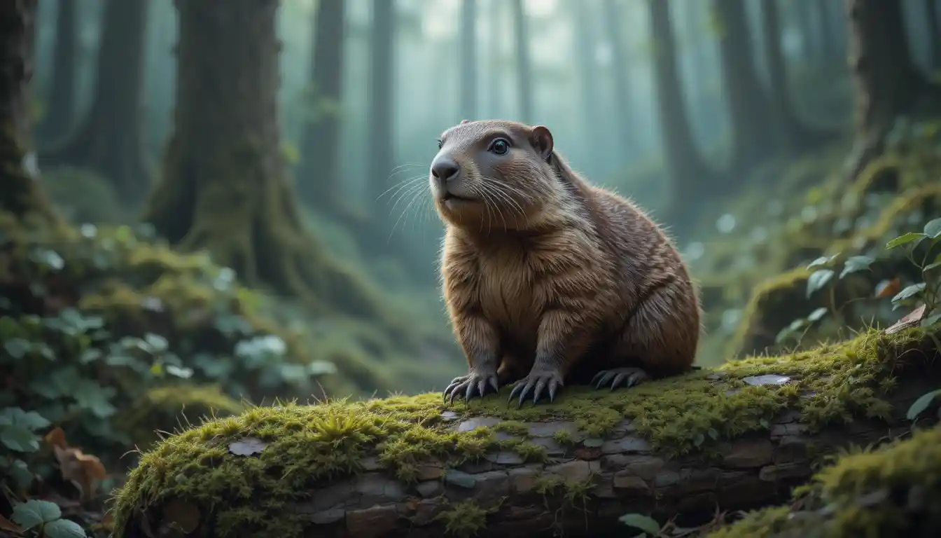 Groundhog on mossy log in an enchanted forest scene