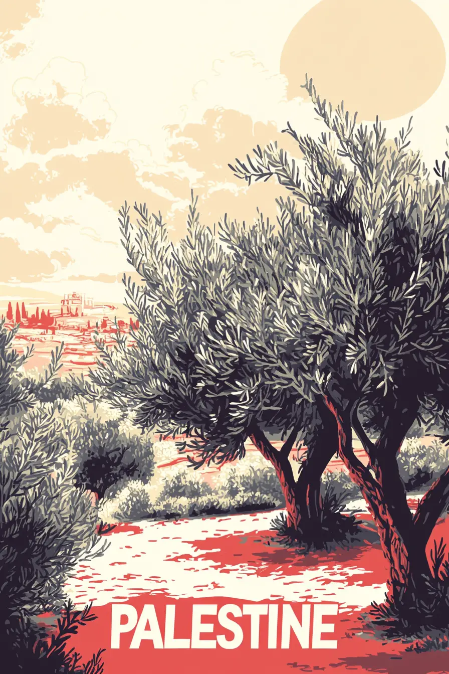 Mediterranean olive trees in red and white embroidery landscape