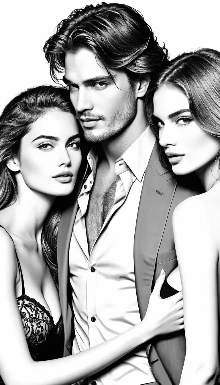 Elegant club portrait of man kissing two women