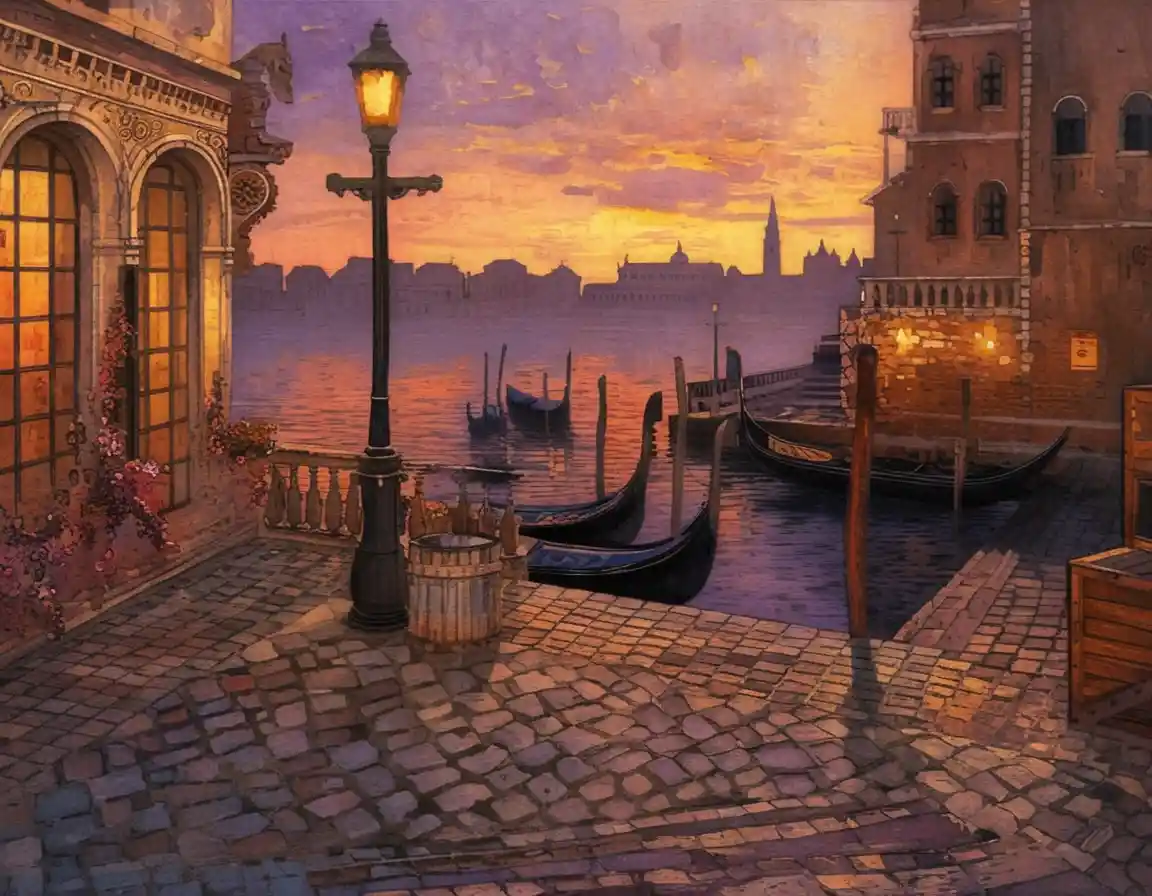 Canale veneziano al crepuscolo con gondole e lampione luminoso