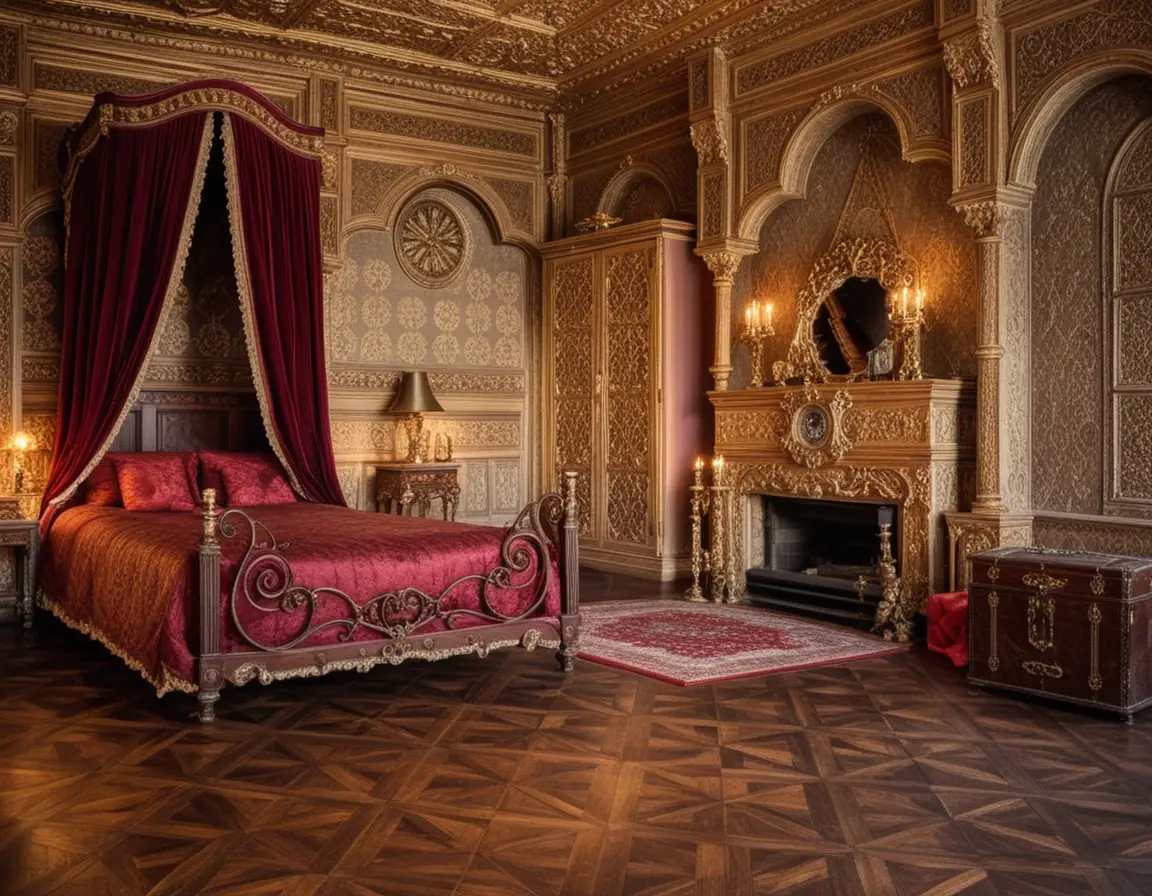 Dormitorio antiguo lujoso con cama con dosel dorado y chimenea
