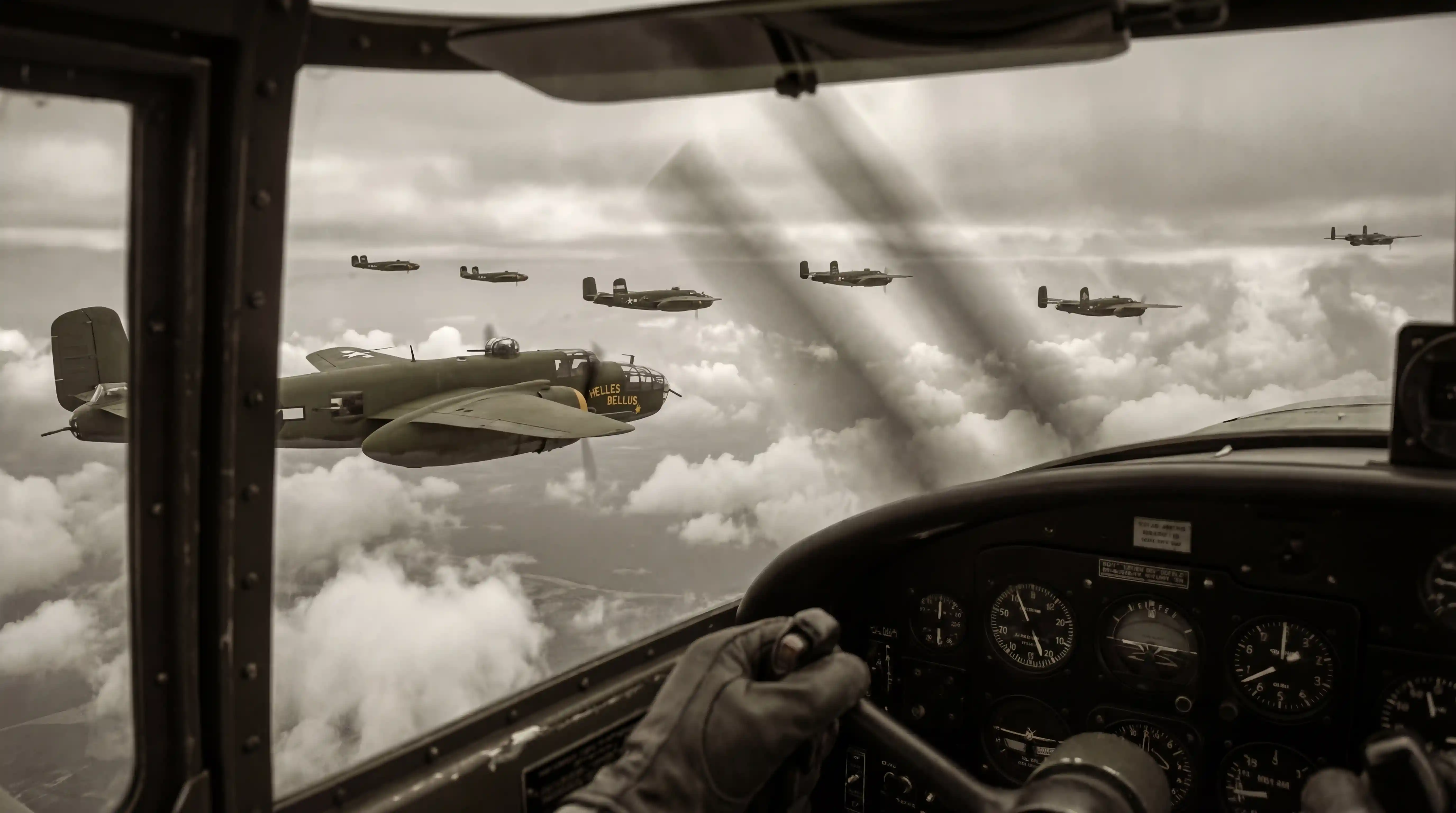 Bombardero de la Segunda Guerra Mundial volando entre dramáticas nubes iluminadas por el sol