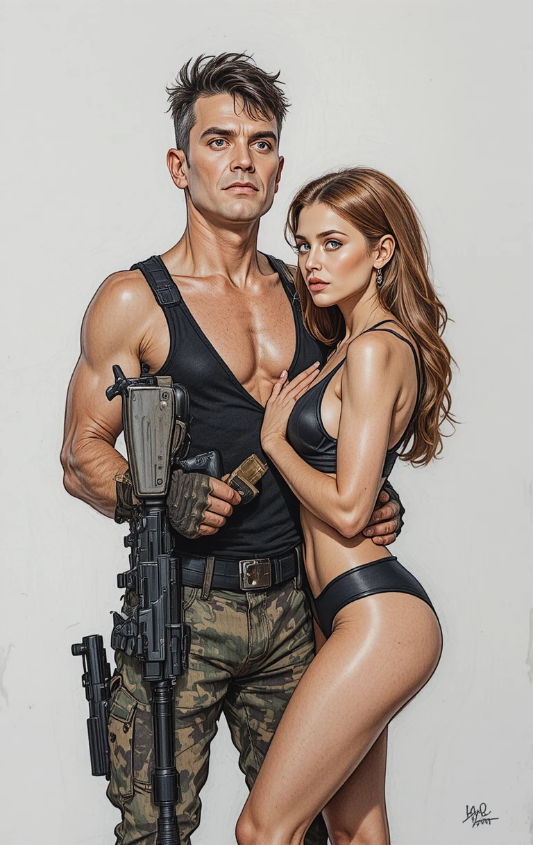 Disegno a matite colorate di uomo armato e donna preoccupata