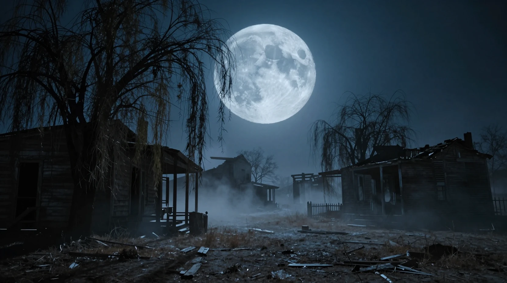 Desolate ghost town under an eerie blue full moon