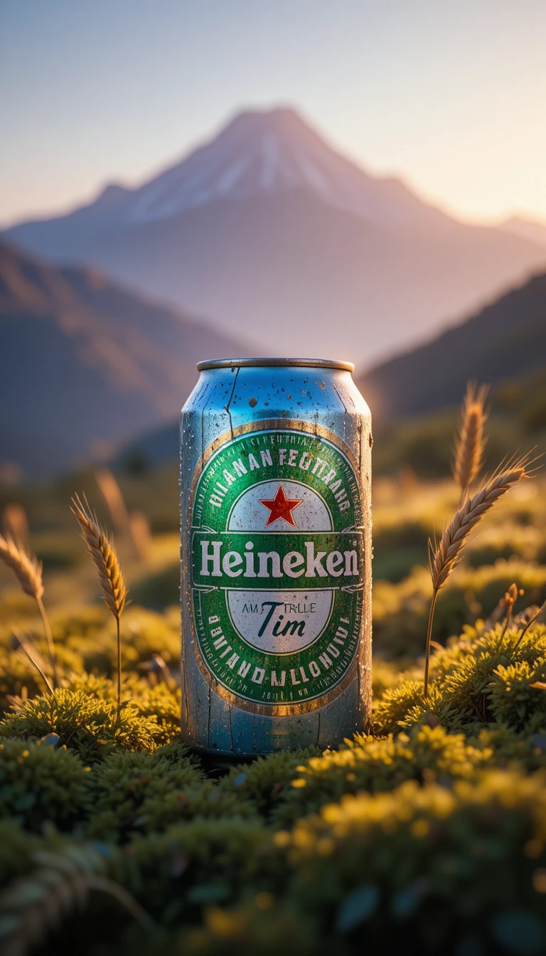 Weathered beer can in moss with soft mountain sunrise