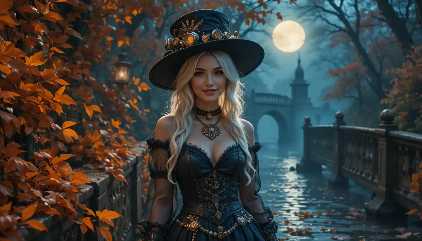 Steampunk woman smiling on an autumn stone bridge
