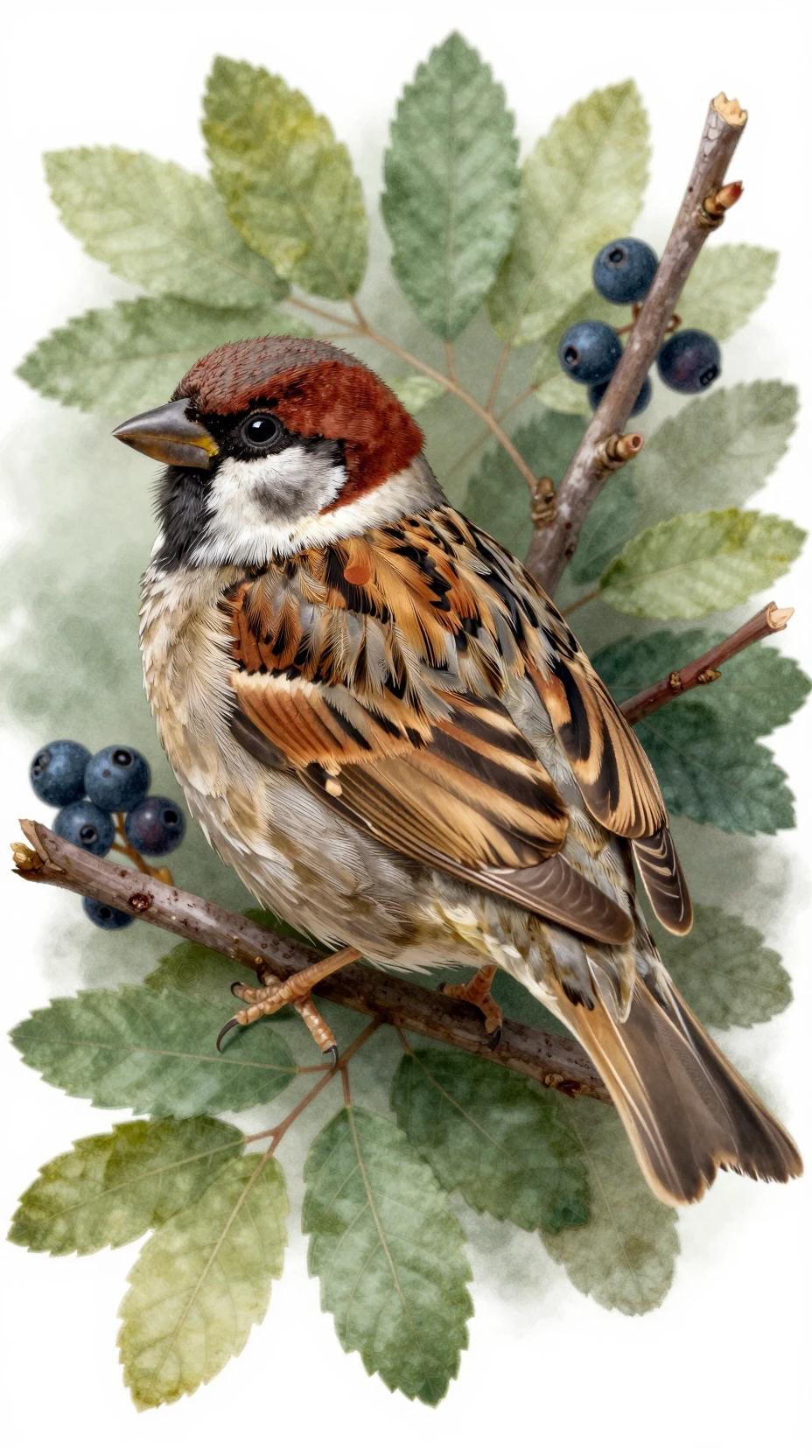 Detailed sparrow amid leaves and berries with intricate plumage