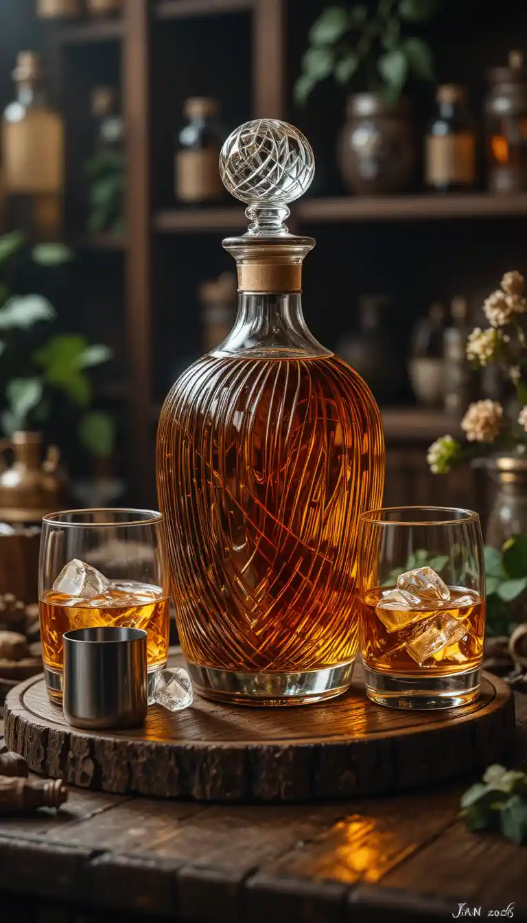 Natura morta con decanter di whisky su bancone rustico in legno