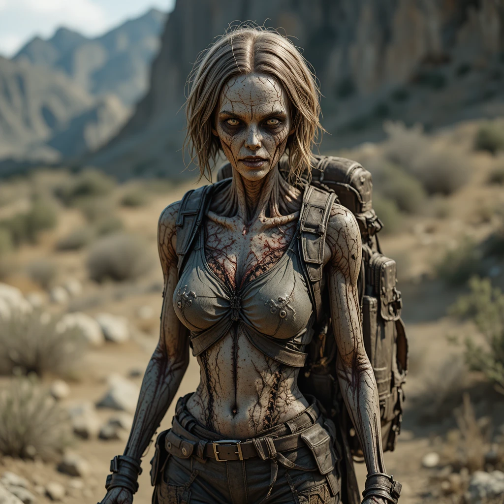 Médica ghoul armada en un páramo desolado