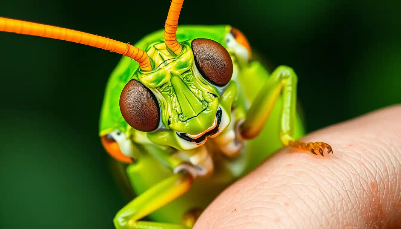 Macro view of green grasshopper clinging to human thumb