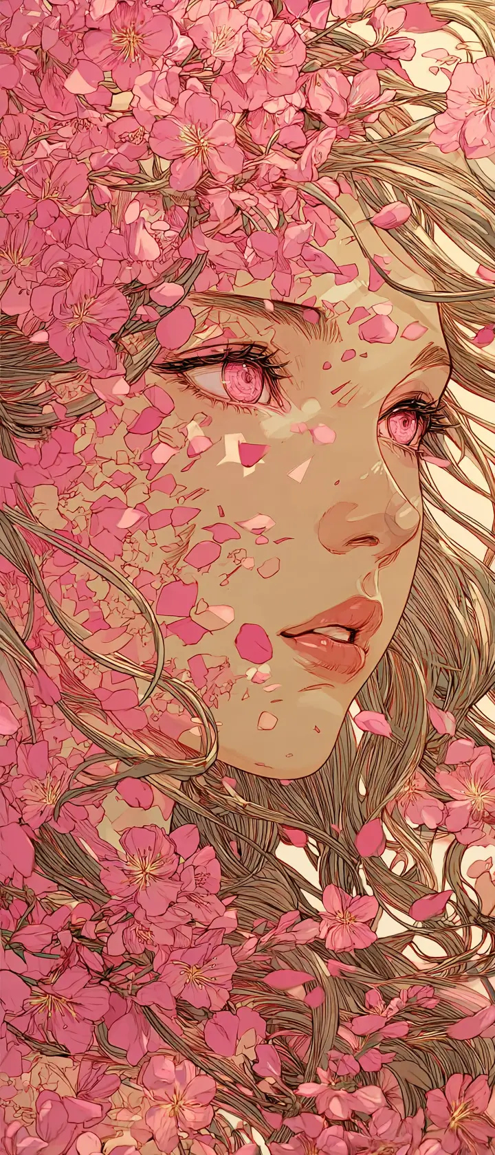 Anime woman merged with cherry blossom petals at twilight
