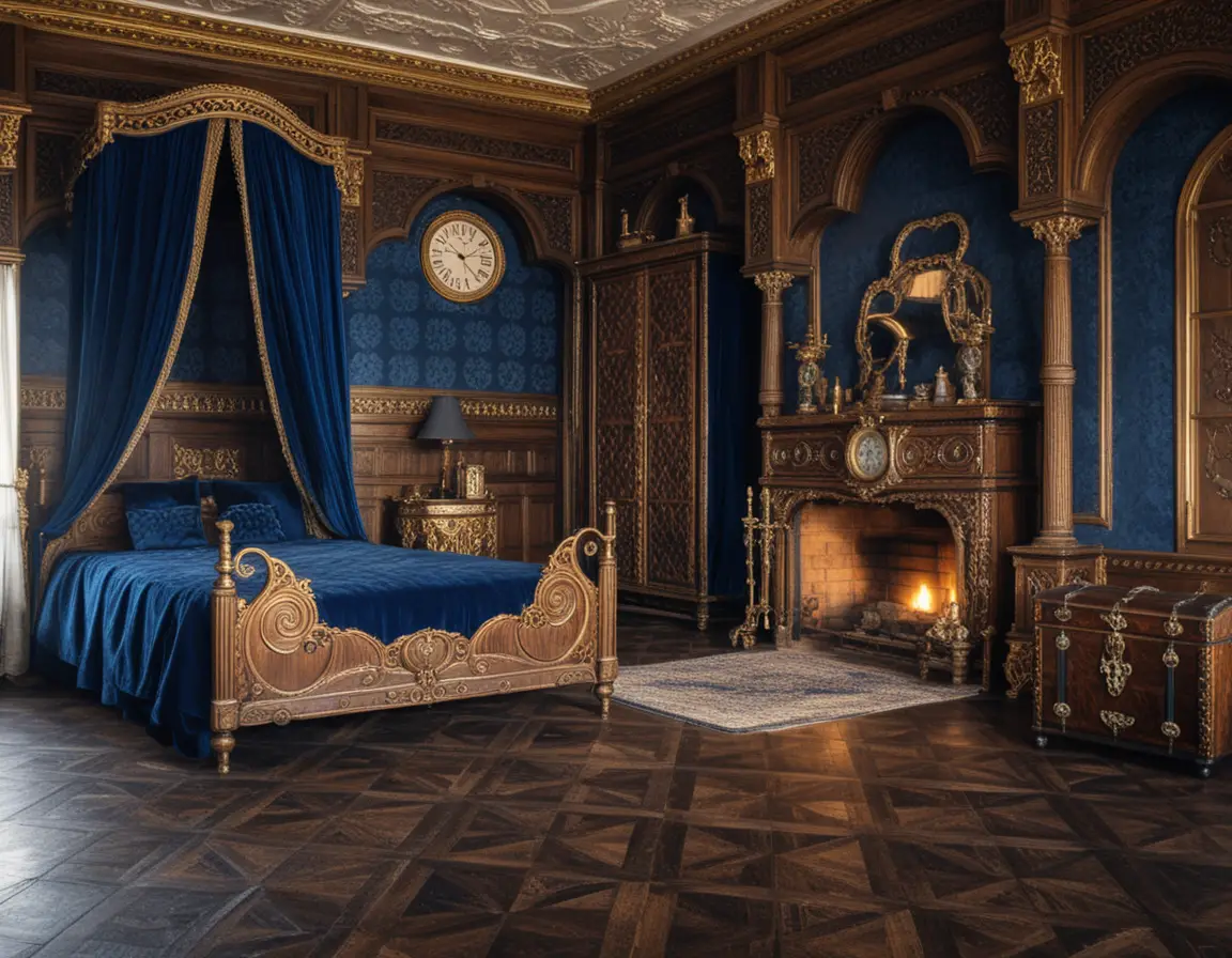 Lujosa cama con dosel antigua en un majestuoso dormitorio de madera
