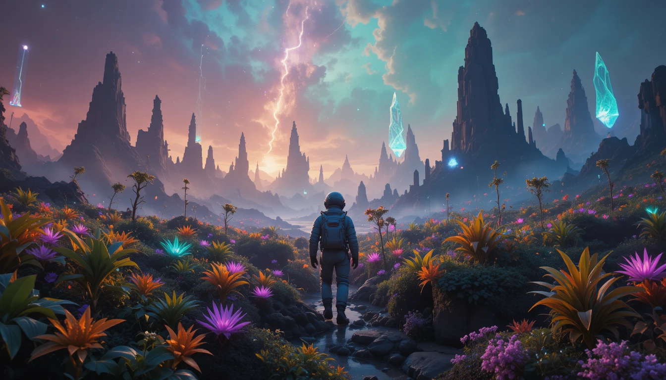 Astronaut alone in a glowing alien jungle landscape