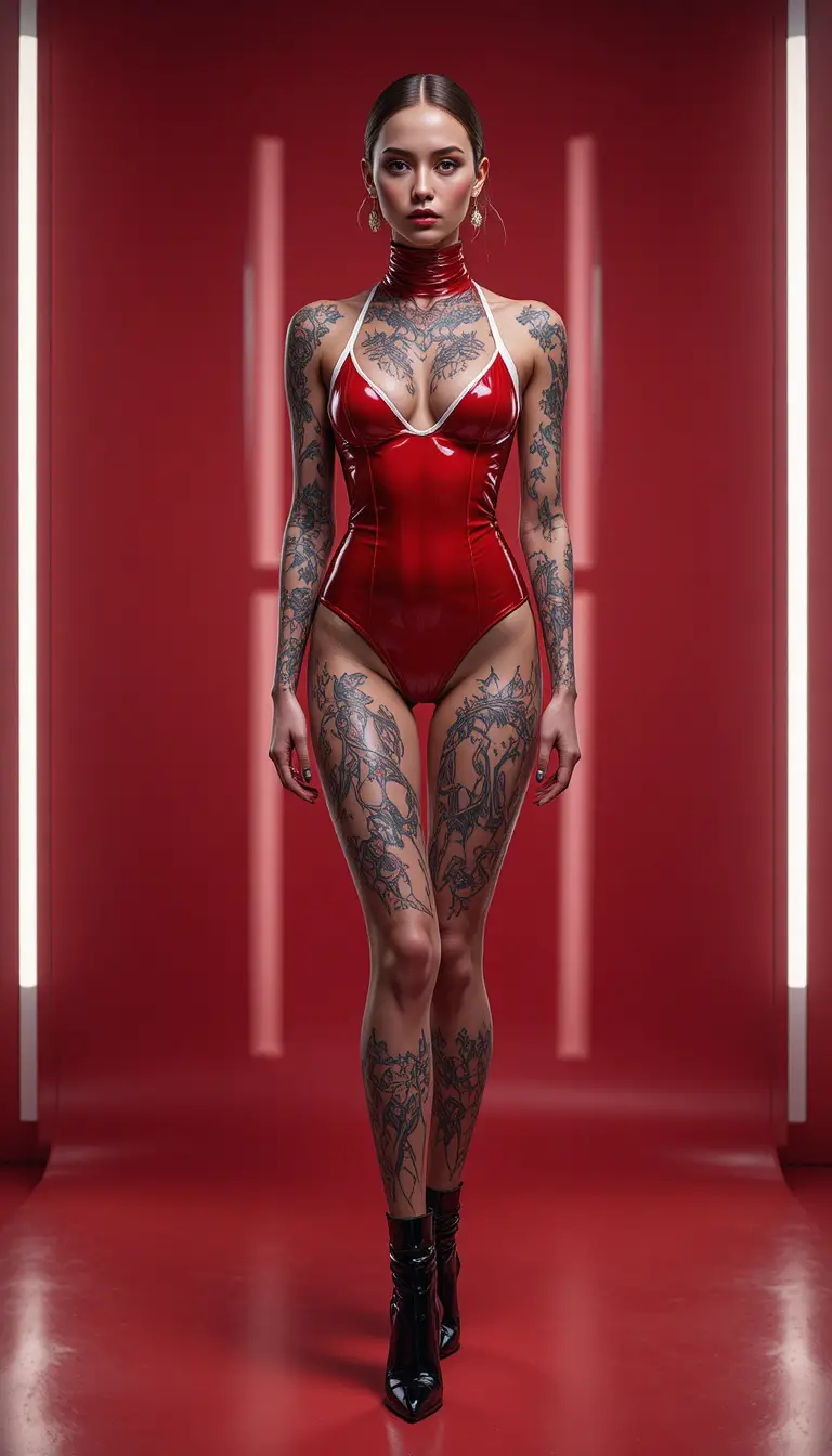 Tattooed woman in red latex monokini on studio floor