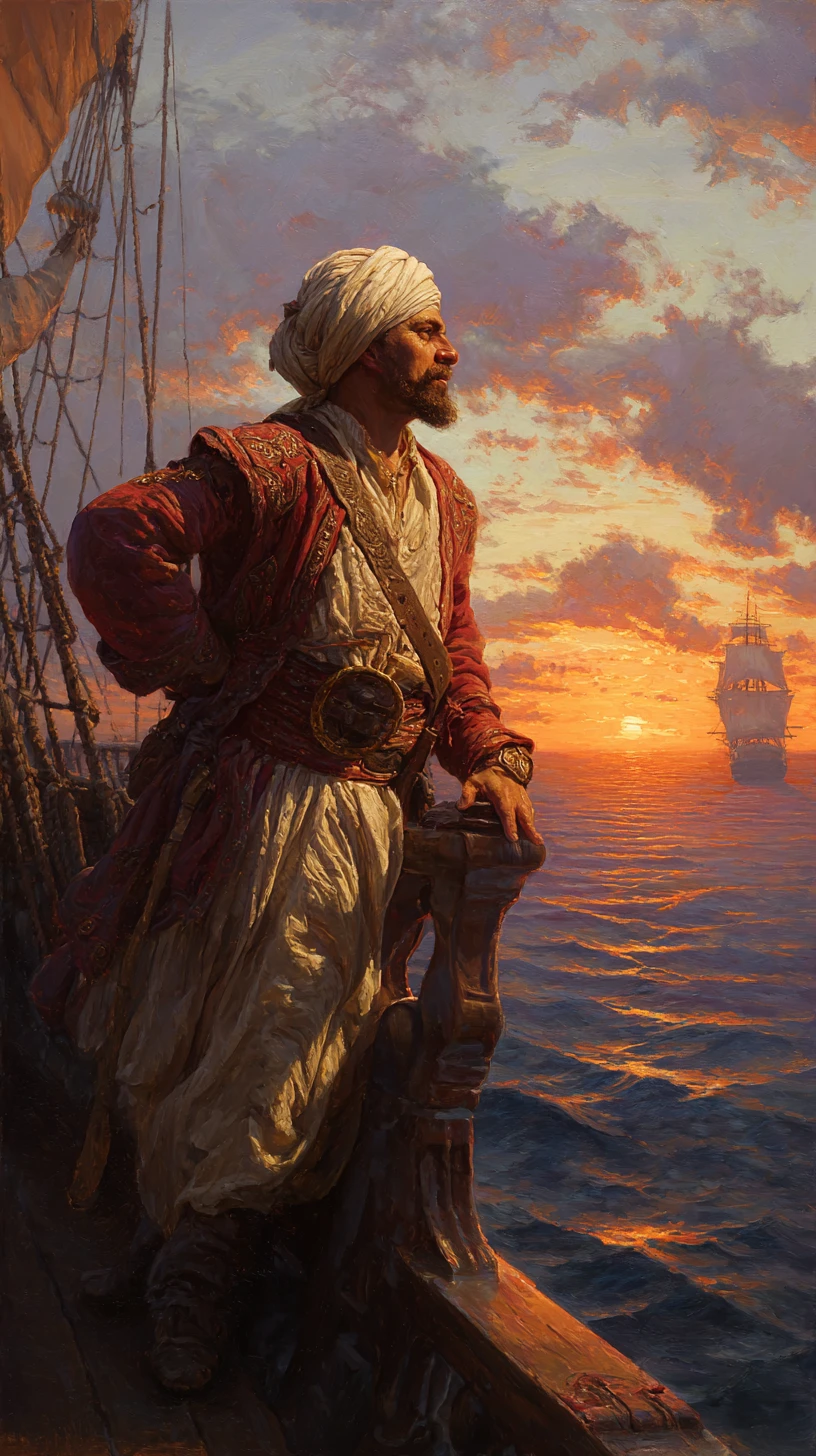 Capitán corsario argelino en un jabeque al atardecer