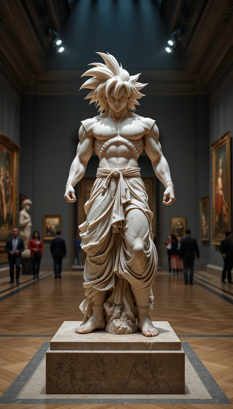 Marble statue in dynamic pose under museum spotlight