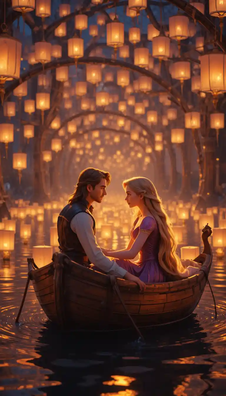 Couple in a boat under floating lanterns at night