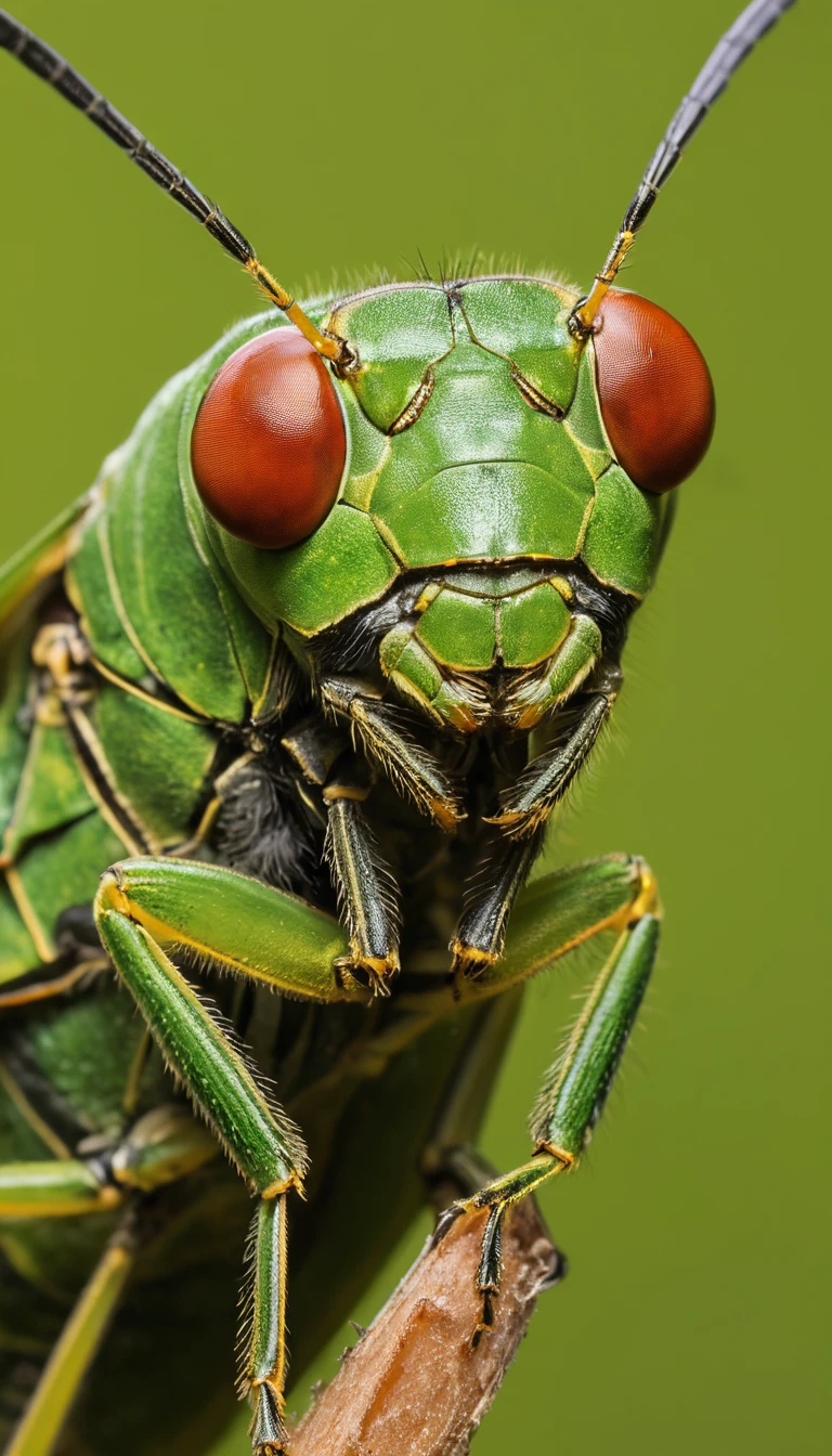 Macro view of green grasshopper clinging to human skin