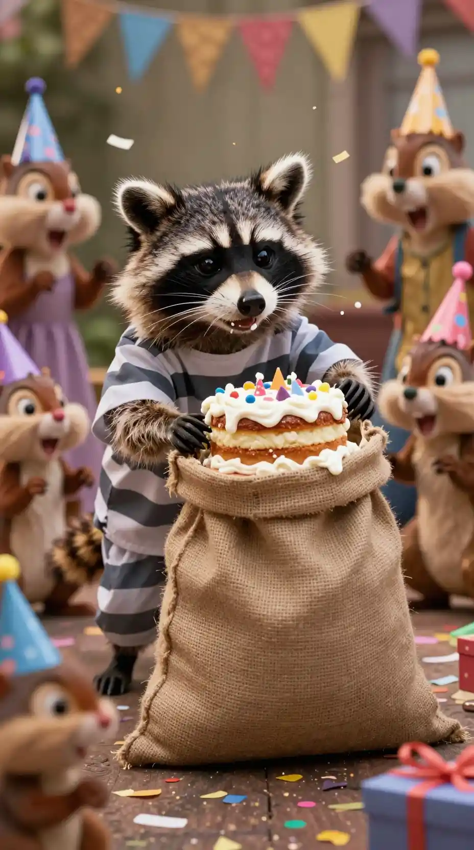 Masked raccoon stealing birthday cake at lively party