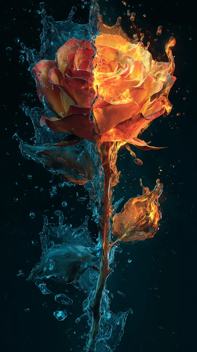 Half burning half water rose against dark background