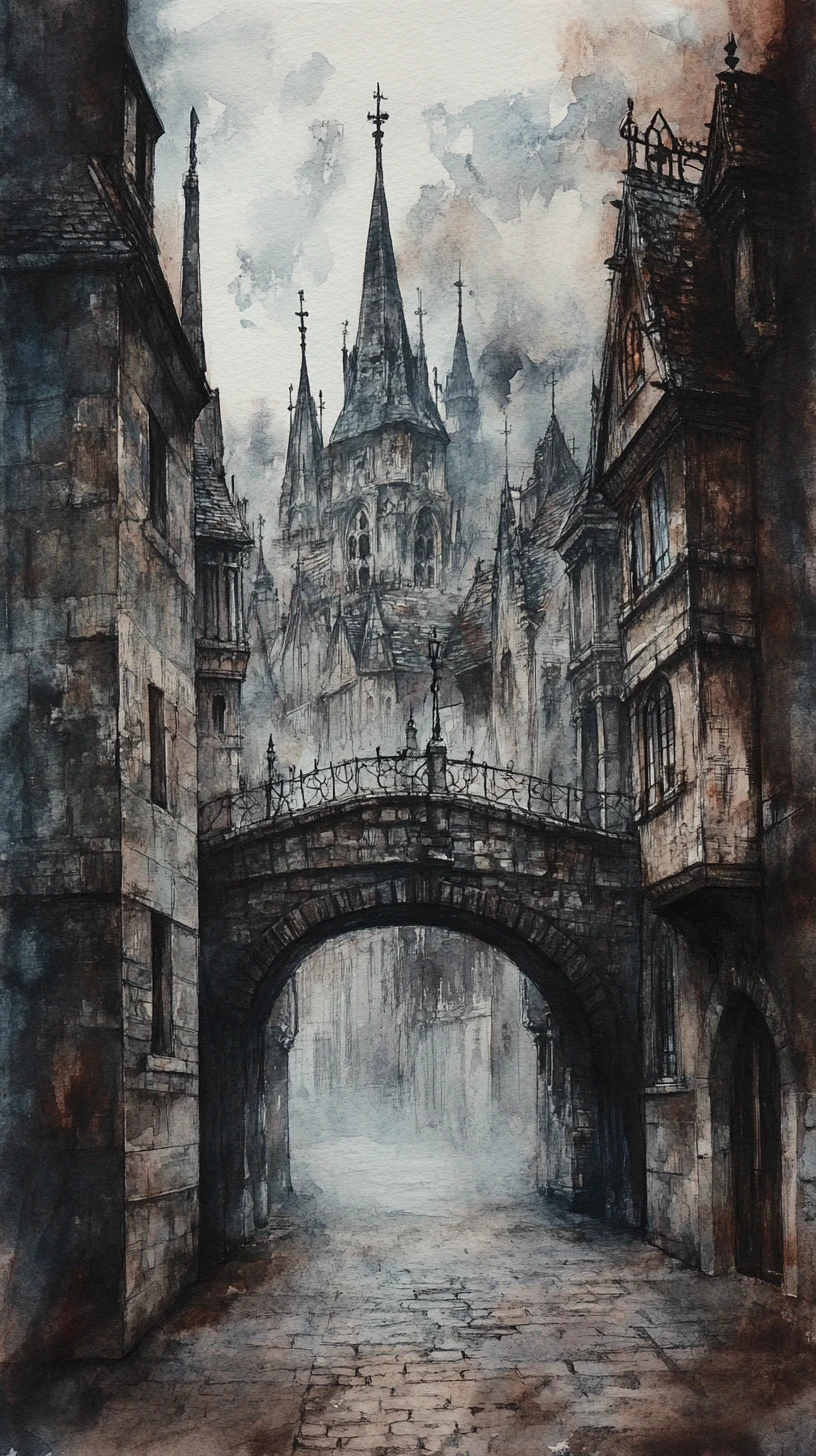Gothic city in mist with towering spires and bridge