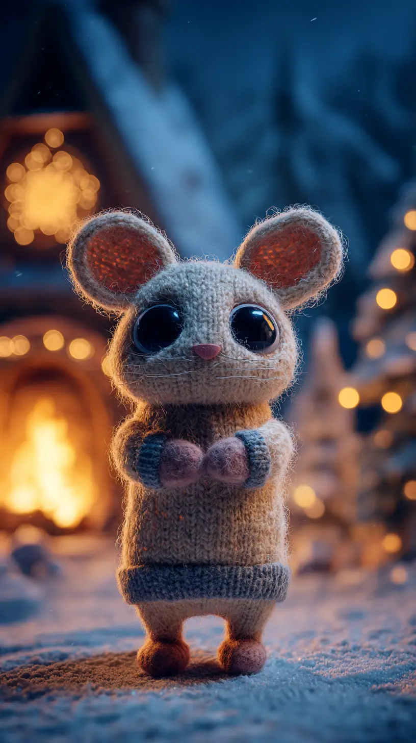 Cute felt mouse doll in a cozy snowy Christmas scene