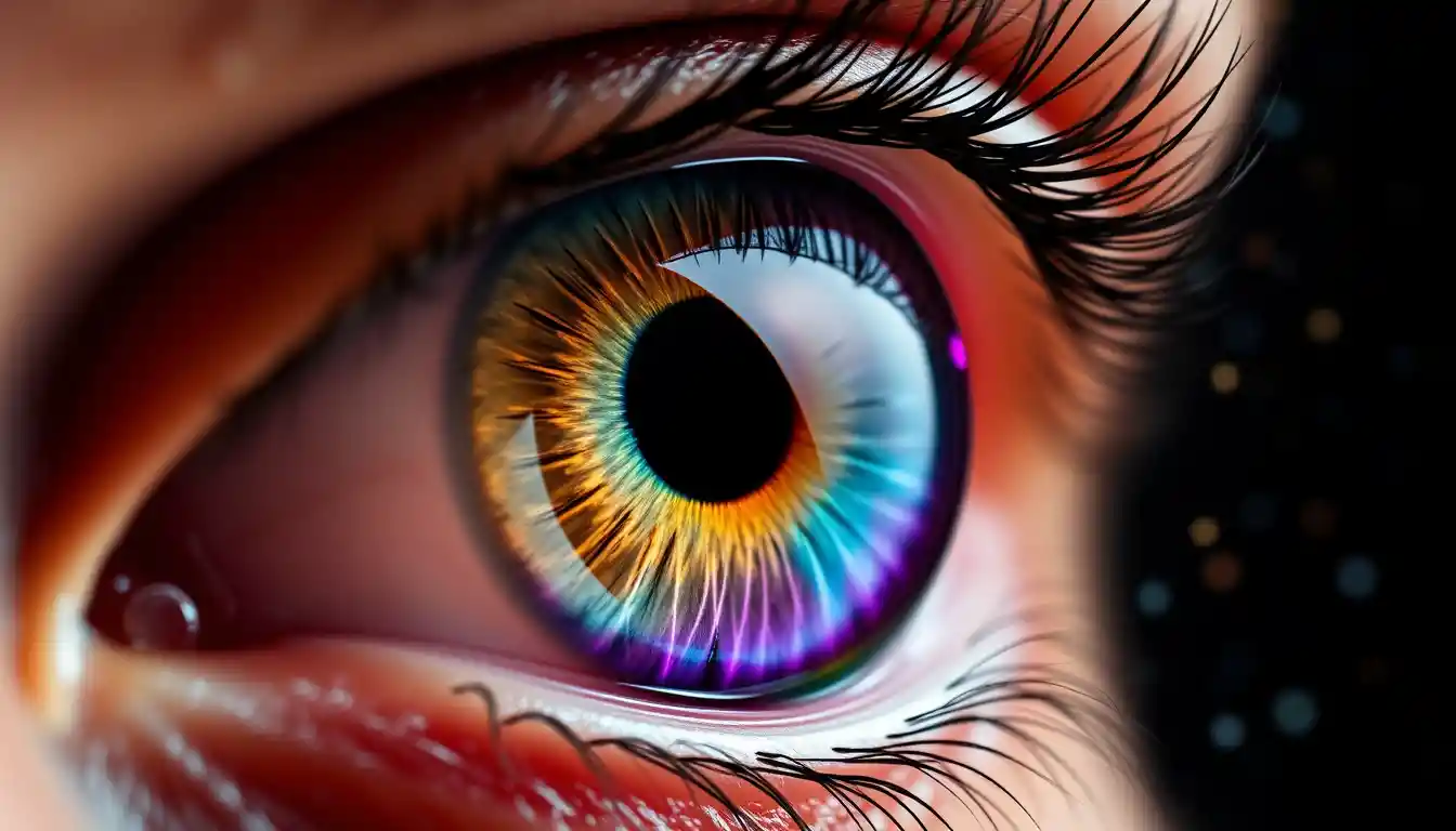 Primo piano iperrealista di un occhio umano dai colori cosmici