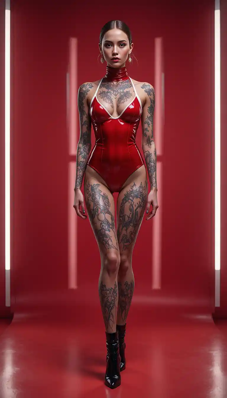 Tattooed woman in red latex monokini on studio floor