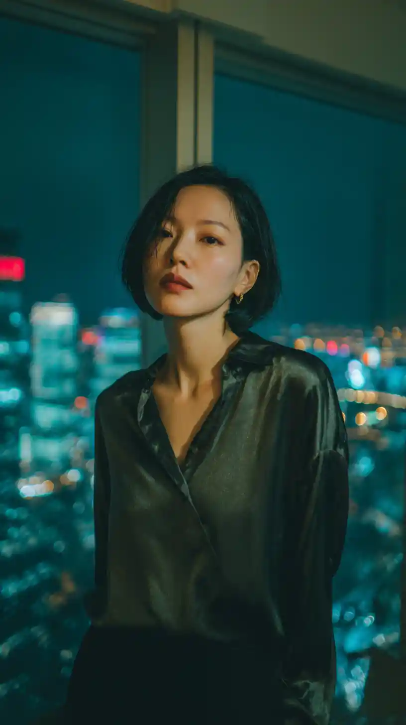 East Asian woman by night window in city apartment