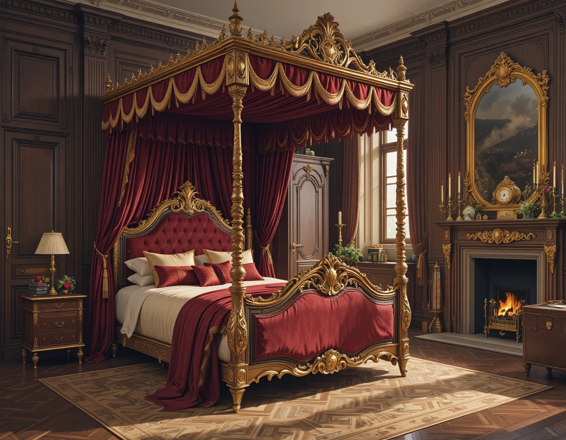 Suntuosa cama antigua en un majestuoso dormitorio con cortinas de terciopelo